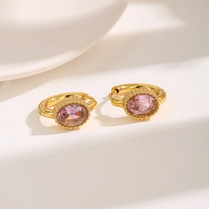 Golden vintage oval pink zircon earrings crafted in high-quality stainless steel