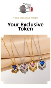 Detailed view of heart-shaped amethyst pendants with zircon micro-pave in gold and silver