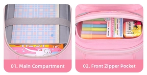 Detailed view of the pink student backpack inner compartments showing ample B5 storage