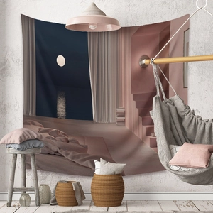 Detailed view of bohemian wall tapestry showing surreal home interior and moonlit sea scenery