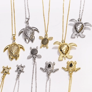Sea Turtle Pendant Necklace Ocean Marine Animal Jewelry Copper Gold Plated With Sparkling Zirconia And Shell For Women
