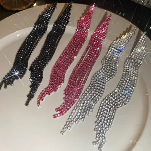 Elegant trapezoidal tassel drop earrings with sparkling rhinestones in three colors