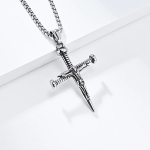 Retro stainless steel nail cross pendant necklace with Jesus figure on a box chain