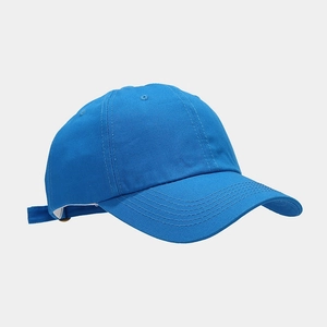 Detail of sky blue cotton twill baseball cap with six-panel design and stitched brim