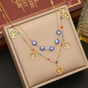 Double-layered evil eye and tree of life necklace with colorful beads in gold finish