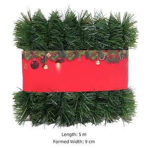 Green Christmas garland 5 meters long and 9cm wide with red paper decorative accents
