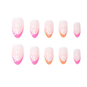 French tip press-on nails with white flower patterns in pink and orange almond shape