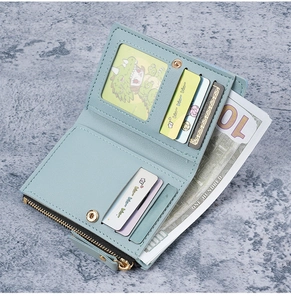 Interior layout of mint blue PU leather mini wallet with card slots and ID window
