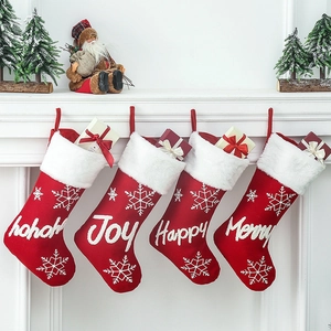 Knitted Christmas Stockings With Plush Trim Embroidered Snowflakes Xmas Tree Fireplace Hanging Gift Bags Holiday Decor