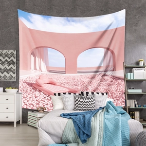 Detail of bohemian pink surrealist wall tapestry showing high-quality polyester fabric