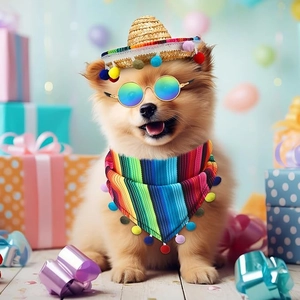 Conjunto de sombrero mexicano y bufanda a rayas para mascotas con gafas de sol