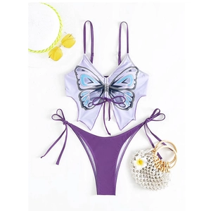 Detail of purple bikini set with blue butterfly print top and side-tie high-cut bottoms