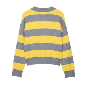 Detailed back view of striped polo collar knit sweater with ribbed cuffs and hem