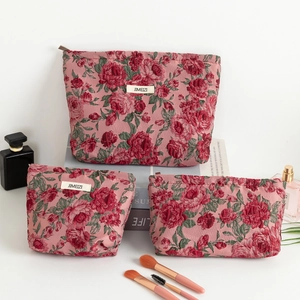 Three-piece vintage rose floral jacquard makeup bag set for travel vanity storage