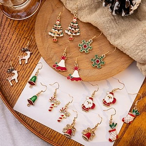 Christmas Alloy Enamel Drop Earrings Santa Snowflake Reindeer Bell Candy Cane Rhinestone Festive Party Jewelry For Women