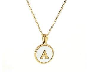 Detailed front view of 18K gold plated necklace with letter A on shell pendant