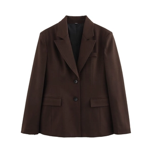 Women's dark brown slim-fit blazer with notch lapels and two-button closure on white background