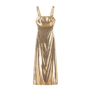 Elegantes langes Paillettenkleid in Gold mit Spaghettiträgern und figurbetontem Fischschwanz