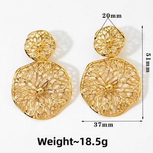 Detail of gold hollow floral earrings with 20mm and 37mm double circle dimensions