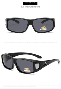 Front and side view of sand black frame polarising sunglasses with grey lenses