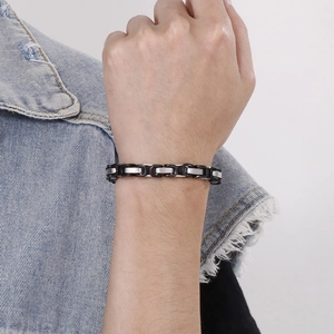 Men's two-tone stainless steel emperor chain bracelet in silver and black metal