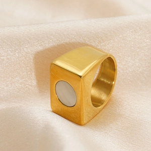 18k gold plated wide stainless steel ring with square silhouette and pearl inlay