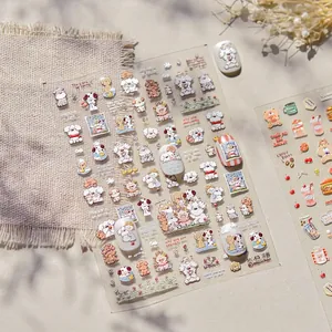 Embossed 3D nail art stickers featuring cute cartoon dogs and girls in cream tones