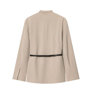Elegant khaki mid-length blazer for women featuring a slim black belt on white background
