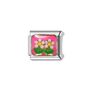 Pink enamel link charm with white floral pattern on stainless steel modular bracelet