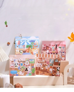 Macro detail of 3D PET stickers featuring beach and shop miniature DIY scenery scenes