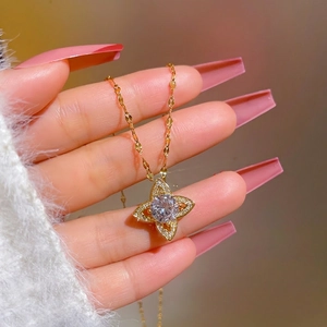 Zircon Starburst Pendant Necklace Titanium Steel Copper Gold Geometric Jewelry For Women Minimalist Korean Style
