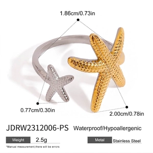Detailed size specifications of the adjustable starfish ring in dual-tone stainless steel