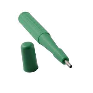 Disposable sterile skin biopsy punch with green non-slip handle and protective cap