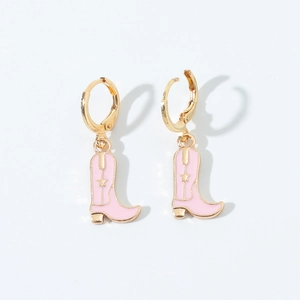 Pink cowboy boot earrings with golden stars on a minimalist hoop design for women