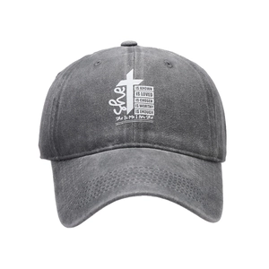 Casquette baseball grise délavée avec croix et citations en coton style vintage