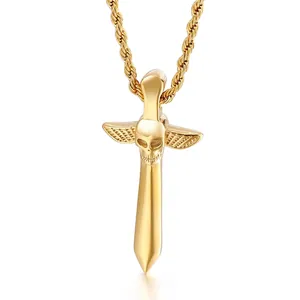 Collier Pendentif Épée Crâne Homme Acier Inoxydable Ailes Poignard Gothique Punk Hip Hop Bijoux
