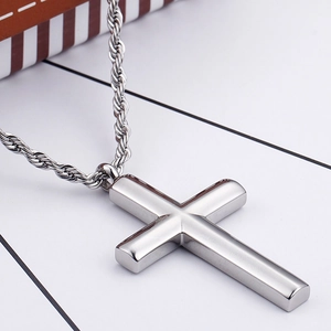 Polished silver stainless steel cross pendant necklace with twisted rope chain for men