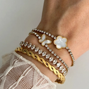 Bracelet Pendentif Papillon Fleur Acier Inoxydable 316L Plaqué Or 18K Coquille Blanche Strass Rétro Français Femmes