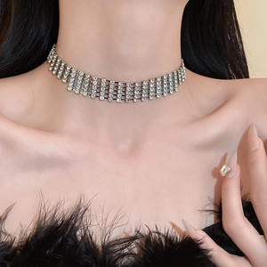 Close-up of multi-row rhinestone choker necklace with sparkling silver crystal details