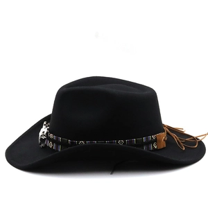 Detail of western cowboy wool hat featuring ethnic band with silver bull head and tassel