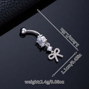 Macro view of silver butterfly belly ring with dimensions 3.8cm and weight 2.4g