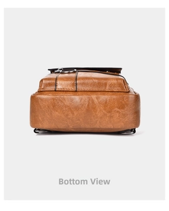 Detailed bottom view of brown vintage cross-body bag showing PU leather texture and rings