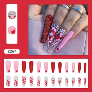 Long ballet press-on nails with heart glitter and diamond rhinestones in pink and red