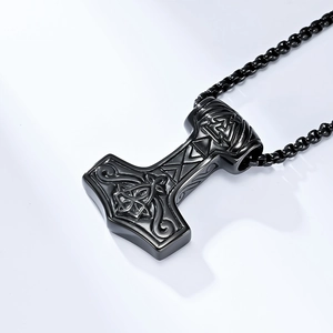 Vintage black Nordic Viking Mjolnir Thor Hammer necklace with rune engravings and chain