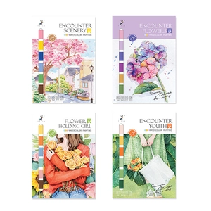 Watercolor painting card set featuring landscape floral and girl themes in four designs