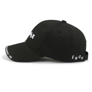 Classic black baseball cap with white side embroidery and printed brim for street style