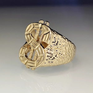 Men's 18k gold plated dollar sign ring with embossed texture and hip hop style