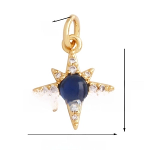 Macro view of 12mm gold-plated star pendant with blue gemstone and white crystal accents