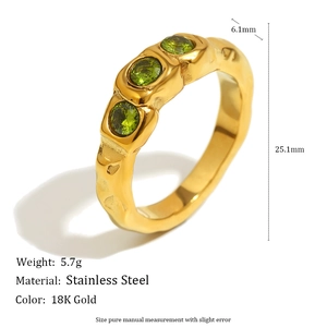 18K gold plated stainless steel ring with three olive green cubic zirconia stones