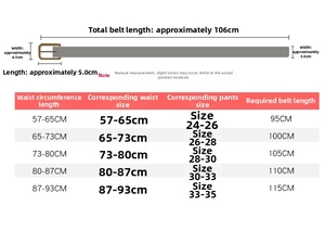 Size chart showing width and length specifications for the woven patent leather belt